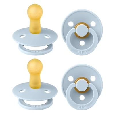 Image of BIBS Colour Soother 4 Pack, BPA Free Dummy Pacifier, Round Nipple. Natural Rubber Latex, Made in Denmark, Size 2 (6 18 Months), Baby Blue