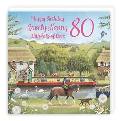 Image of Hunts England 80th Nanny Horse Riding Birthday Card Canal Narrowboat Countryside Age 80 For Milo&#039;s Gallery Eighty