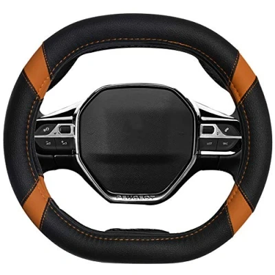 Image of Mayco Bell Microfiber Leather Car Steering Wheel Cover Fit for Peugeot 3008 4008 5008 2016 2019 508 208 e (Black Orange)