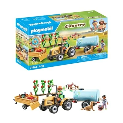 Image of Playmobil 71442 Country: Tractor with Trailer and Water Tank, fresh harvest on the farm, learning about environment, fun imaginative role play, sustainable play sets suitable for children ages 4+