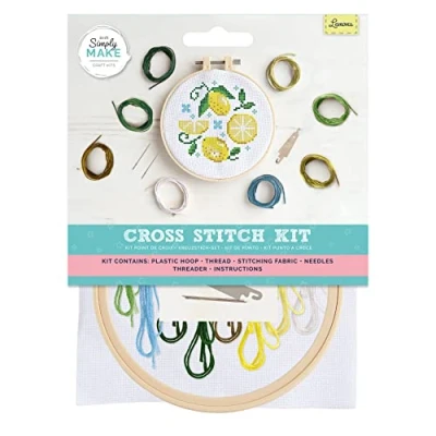 Image of Simply Make Cross Stitch Kit Lemons Design for Kids and Adults, Including Hoop, Embroidery Thread, Fabric Needle Perfect Adult Crafts Beginners Starter Craft