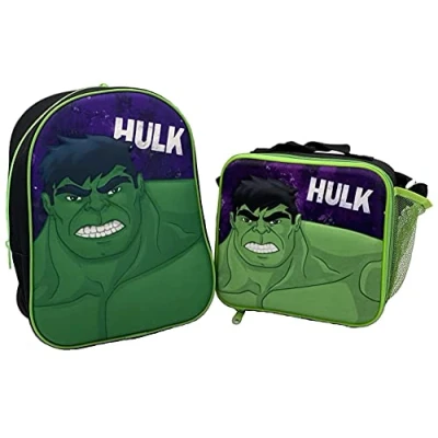 Image of Hulk Avengers Marvel Kids Backpack with Insulated Cooler Lunch Bag Matching 2 Piece Set School Travel