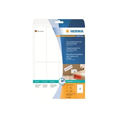 Image of HERMA Self Adhesive Shipping Labels, 8 Labels per A4 Sheet, 25 Sheets, 50 x 142 mm, 200 Blank Warning Note Stickers, Sticky Parcel for Laser &amp; Inkjet Printer, White