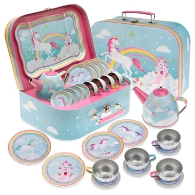 Image of Jewelkeeper 15 Piece Kids Party Tin tea Set for Toddlers Pretend Toy &amp; Carrying Case Rainbow unicorn sets girls gifts