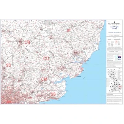 Image of East Anglia Postcode Sector Wall Map 9 Laminated With Motorway, A&#039; Roads, B&#039; City Plans, Area, District, Sectors
