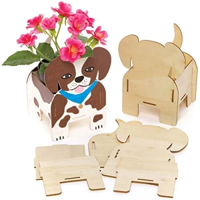 Image of Baker Ross FE375 Dog Wooden Flowerpot Craft Kits Pack of 3, Make Your Own Flower Pot, Planting Pots for Children to Decorate, Creative Activities Kids