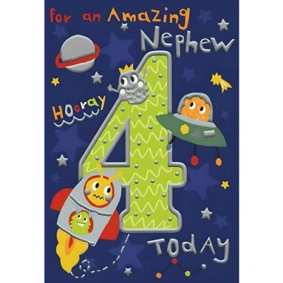 Image of Nephew 4th Birthday Card Age 4 Amazing Alien Spaceship Design Special Finishes Made in the UK