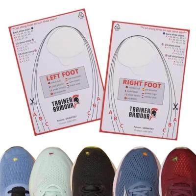 Image of Big Toe Hole Preventer for Running Shoes and Fabric Footwear. White self Adhesive Patches with a Clever applicator. Strong unnoticeable When Fitted. Also Footwear Repair
