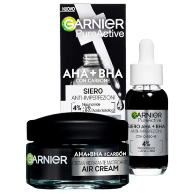 Image of Garnier Air Cream Moisturising Matifying AHA BHA Face with Charcoal 50ml + PureActive Anti Imperfection Serum Niacinamide Black Spots Treatment 30ml