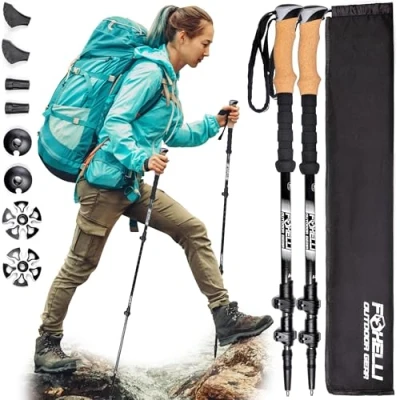 Image of Foxelli Carbon Fiber Walking Poles Collapsible, Lightweight, Shock Absorbent Hiking Trekking with Natural Cork Grips, Flip Locks, 4 Season/All Terrain Accessories &amp; Carry Bag