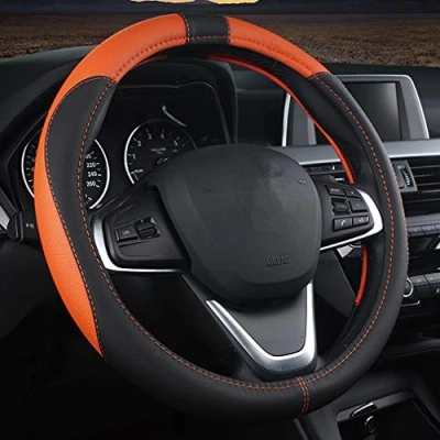 Image of Pahajim Steering Wheel Cover, Universal 15 Inch/38CM, Soft Leather, Faux Black Orange, Car, Sport Style, Durable, Comfort for Women Men