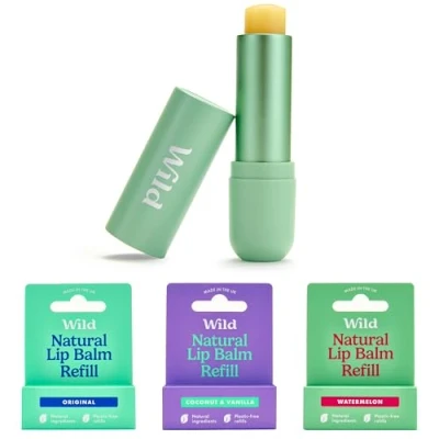Image of Wild Natural Refillable Lip Balm Starter Kit Includes Sage Green Aluminium Case &amp; 3 Pack Refills in a Variety of Scents Original, Coconut Vanilla and Watermelon Flavours
