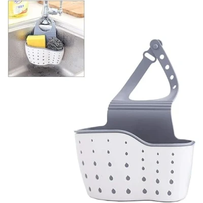 Image of MantraRaj Kitchen Tap Basket Sink Hanging Storage Shelf Soap Sponge Drain Rack Organser with Adjustable Strap and Holes for Dishwashing Accessories