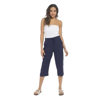 Image of Thingimijigs Ladies Linen Blend Cropped Trousers 3/4 Length Casual Summer Pants with Ribbed Waistband Navy UK 20