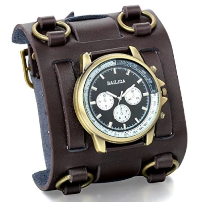 Image of JewelryWe Vintage Hip hop Gothic Punk Style Men Watch Wide Brown Leather Cuff Wristwatch