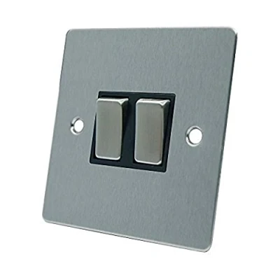 Image of AET FSC2GSWIBS Satin Chrome Flat Black Insert Metal Rocker Switches 10 Amp Double 2 Gang Way Light Switch