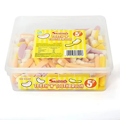 Image of Swizzels Teeth &#039;N&#039; Toothbrush Sweets, Fruit Flavour Foam Gums Tub of Sweets (120 Sweets)