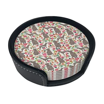 Image of Round Coasters, Weimaraner Dog Florals,Mugs Pad Cups Mat Set of 6 Leather Drinks Coasters with Holder