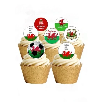 Image of 24 Precut Round Wales Welsh Football Rugby Sport Edible Wafer paper Cake Cupcake Toppers
