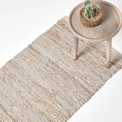 Image of HOMESCAPES Leather Hemp Runner Natural Beige Grey 66x200cm Recycled Eco Friendly 100% rug Hall