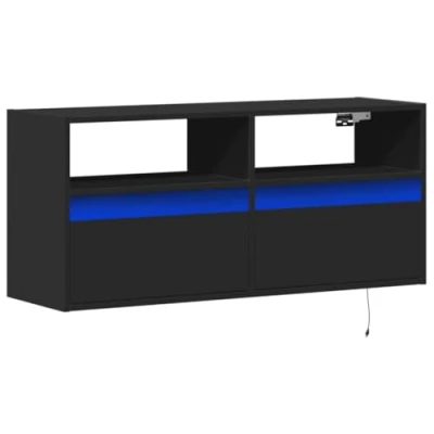 Image of vidaXL TV Wall Cabinet with LED Lights Black Floating Unit, Engineered Wood, 100 x 31 45 cm, 2 Drawers and Compartments, Modern Living Room Stand