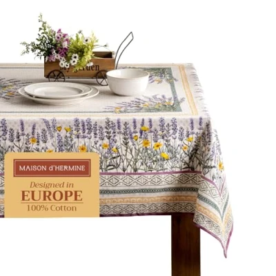 Image of Maison d&#039; Hermine Table Cloth 100% Cotton 140cm x 180cm Decorative Tablecover Washable Square Easter Tablecloths for Dining, Buffet Parties &amp; Wedding Use, Fanny Lavender Spring/Summer