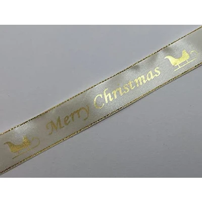 Image of Merry Christmas Cream Satin Ribbon with Gold Edge 25mm x 1 Metre Cut from roll