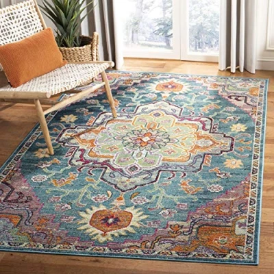 Image of SAFAVIEH Boho Rug for Living Room, Dining Bedroom Crystal Collection, Short Pile, in Teal and Rose, 91 X 152 cm