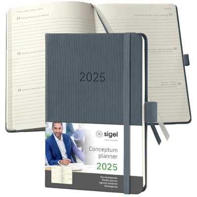 Image of SIGEL C2567 Conceptum Weekly Planner 2025, Approx. A6, Dark Grey, hardcover, 2 Pages = 1 Week, 176