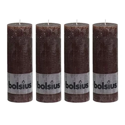 Image of Bolsius Dark Brown Pillar Paraffin Wax Candle Set of 4 65 Hour Burn Time 19cm (H) x 6.8cm (Dia)