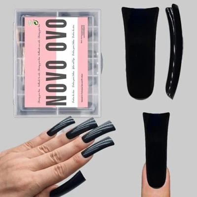 Image of NOVO OVO Holloween Black Extra Long Duck Nail Tips Full Cover for Acrylic, Clear XL XXL Flare Feet Nails Press On, Y2K Vibe Wide French Soft Gel False Extension Art Salon x 12 Sizes 120 pcs