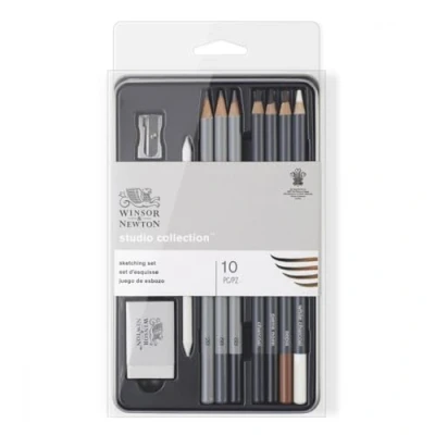 Image of Winsor &amp; Newton Studio Collection Sketching Pencils, Set of 10 Graphite (2B 8B) and Charcoal Pencils with Tools, Professional Quality for Artists, Sketching, Shading Drawing