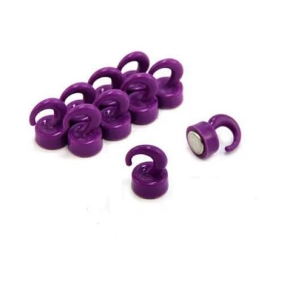 Image of FIRST4MAGNETS Purple Plastic Mini Magnetic Hooks for Fridge, Office, Whiteboard, Noticeboard, Filing Cabinet 12mm Dia x 20mm Tall 1kg Pull Pack of 10