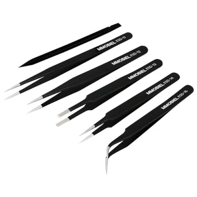 Image of MMOBIEL 5X Industrial Precision ESD Tweezers Anti Static Stainless Steel for Electronics Tools, Jewelry, Computer, Laboratory Work, Crafts and Hobbies etc. Incl. Plastic Pry Tool