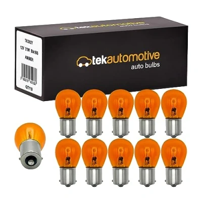 Image of Tek Automotive 343 Indicator Bulbs Orange Amber Car Light 382Y 12V 21W Bulb BA15S Straight Level Pins Box of 10