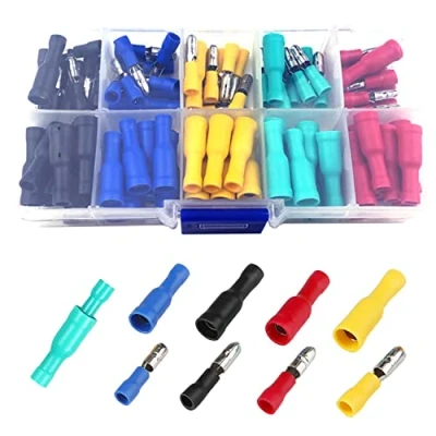 Image of Electrical Connectors, 100Pcs Insulated Male and Female Bullet Butt Connectors Crimps Straight Wire Terminal (Red, Yellow, Blue, Green, Black, 3 Different Sizes)