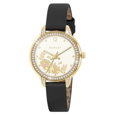 Image of RADLEY Womens Gold Plated Stone Set Floral Black Leather Strap Watch