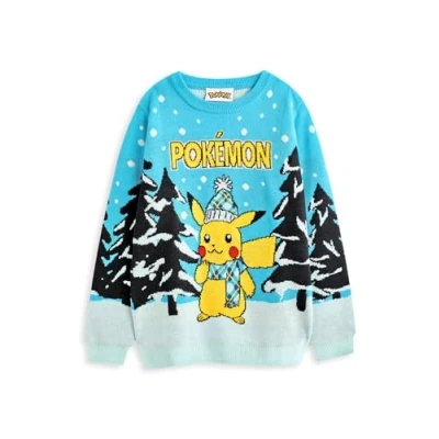 Image of Pokemon Kids Knitted Blue Christmas Jumper Festive Pikachu Sweater Fun &amp; Warm Perfect for Young Trainers Apparel to Add Joy and Colour the Festivities