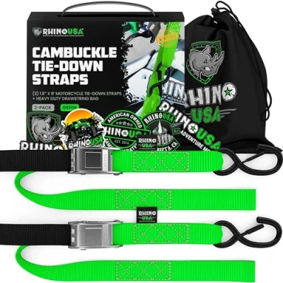 Image of RHINO USA Motorcycle Tie Down Straps (Set of 2) Heavy Duty 1000 kg Break Strength, Cambuckle Motorbike Tiedowns with Soft Loops &amp; Hooks Better Than a Ratchet Strap Green