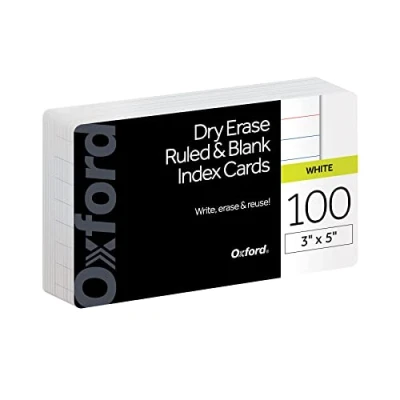Image of Oxford Dry Erase Index Cards, 3x5, Blank &amp; Ruled Multipack, Reusable Flash Double Sided Wet Cards for Gaming, Study, 100 Pk (63516) White
