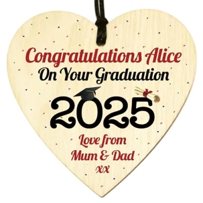 Image of Personalised Congratulations on Your Graduation Gifts for Her Him Son Daughter Friends Wood Heart Leaving Colleague University Wooden Sign Plaque Keepsake Decoration