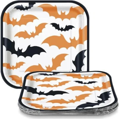Image of Unique 23394 Square Paper Plates 18 cm Happy Haunting Halloween Party 8 Count (Pack of 1), Multicolour