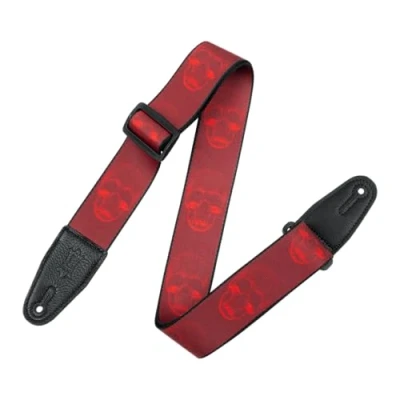 Image of Levy&#039;s Leathers Guitar Strap MPD2 114 Prints Polyester With Leather Ends 2&quot; Dark Red &amp;Red Skull