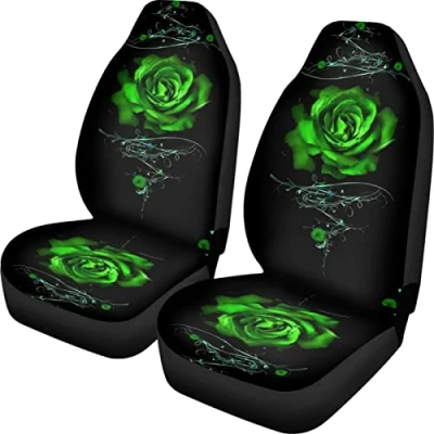 Image of Biyejit Green Rose Print Car Front Seat Cover 2 Pack Protector Interior Auto Bucket for Most Car,SUV,Truck