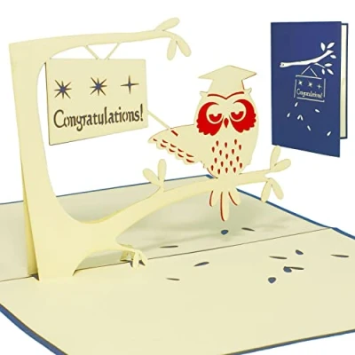 Image of Lin Pop Up 3D Greeting Card for a Graduation, Congratulations to the Graduate;Owl with Graduation Cap, handmade, (Nr.230)