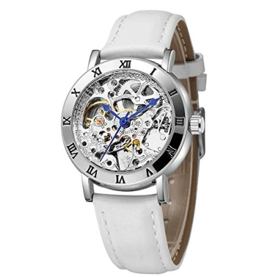 Image of Carlien Women&#039;s Steampunk Automatic Mechanical Watch Skeleton Dial Leather Dress Wrist Watch, silver, 36mm, Mechanical,Self winding