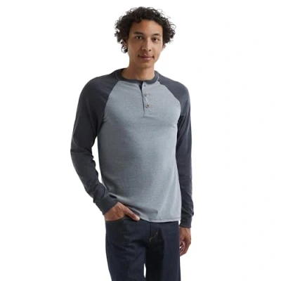 Image of Hanes Men&#039;s Beefy Long Sleeve Three Button Henley Shirt, Oxford Gray/Navy Heather, Medium