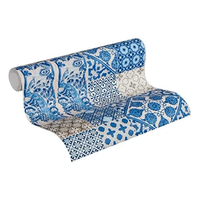 Image of Livingwalls Tile Wallpaper Metropolitan Stories Non Woven Anke &amp; Daan Amsterdam 10.05 m x 0.53 Blue Creme Violet Made in Germany 369231 36923 1