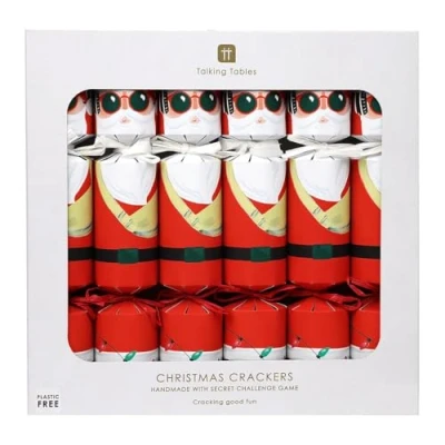 Image of Talking Tables 6 x Christmas Crackers with Mystery Challenge Game, Party Hat, Fun Guy Santa Design Eco Friendly Xmas Tableware, Recyclable