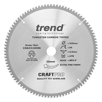 Image of Trend Wood Mitre Saw Blade, 305mm Diameter, 30mm Bore, 96 Teeth, TCT, 2.5mm Kerf, 5 Hook, CSB/CC30596
